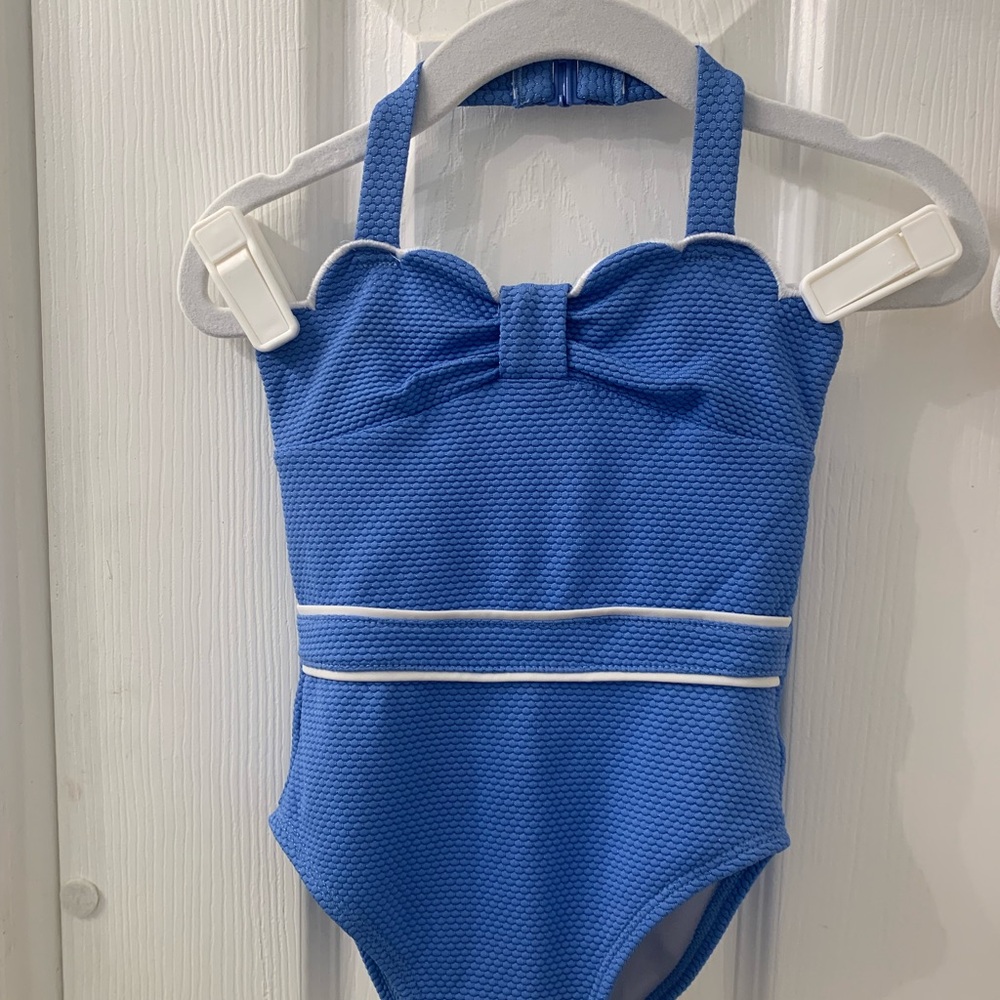 Janie and Jack Blue Kids Swimwear with scalloped sweetheart neckline